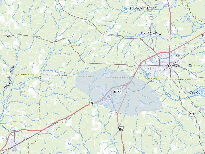 NEXRAD radar-signature map of the hail storm over Fordyce, AR on May 10, 2026