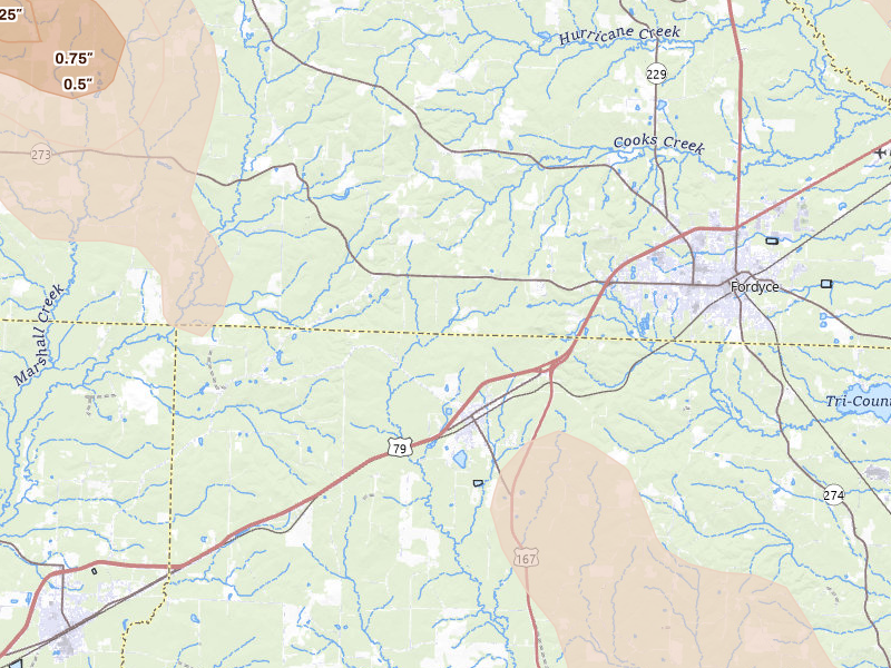 Radar-estimated hail-size map of the storm over Fordyce, AR on Jul 8, 2026