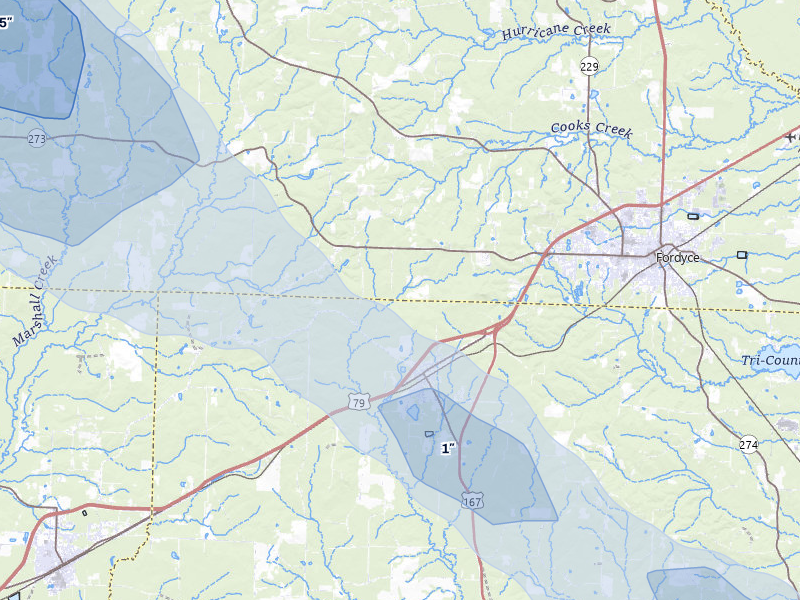 NEXRAD radar-signature map of the hail storm over Fordyce, AR on Jul 8, 2026