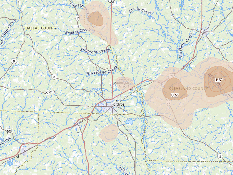 Radar-estimated hail-size map of the storm over Fordyce, AR on Aug 7, 2026
