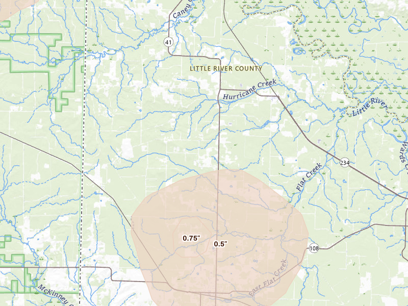 Radar-estimated hail-size map of the storm over Foreman, AR on Apr 24, 2026