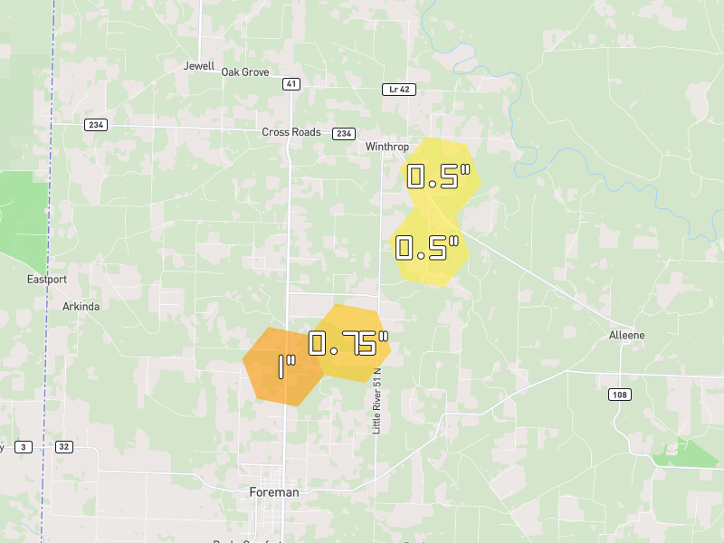 Hail map of Foreman, AR on Jul 4, 2026, hail up to 1"