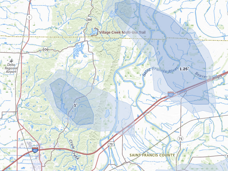 NEXRAD radar-signature map of the hail over Forrest City, AR