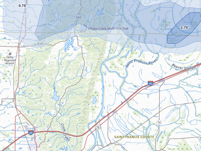 NEXRAD radar-signature map of the hail storm over Forrest City, AR on Apr 28, 2026