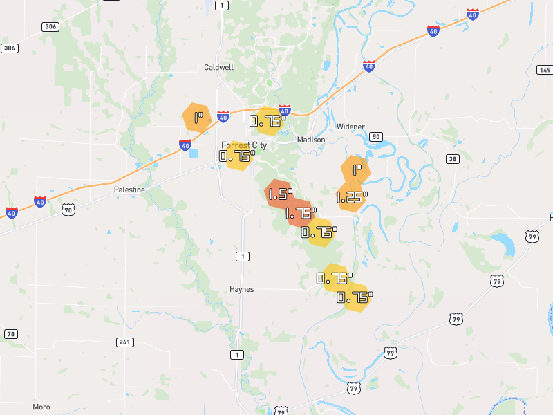 Hail map of Forrest City, AR on Jul 11, 2026, hail up to 1.75"
