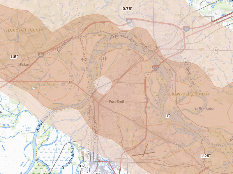 Radar-estimated hail-size map of the storm over Fort Smith, AR on May 8, 2026