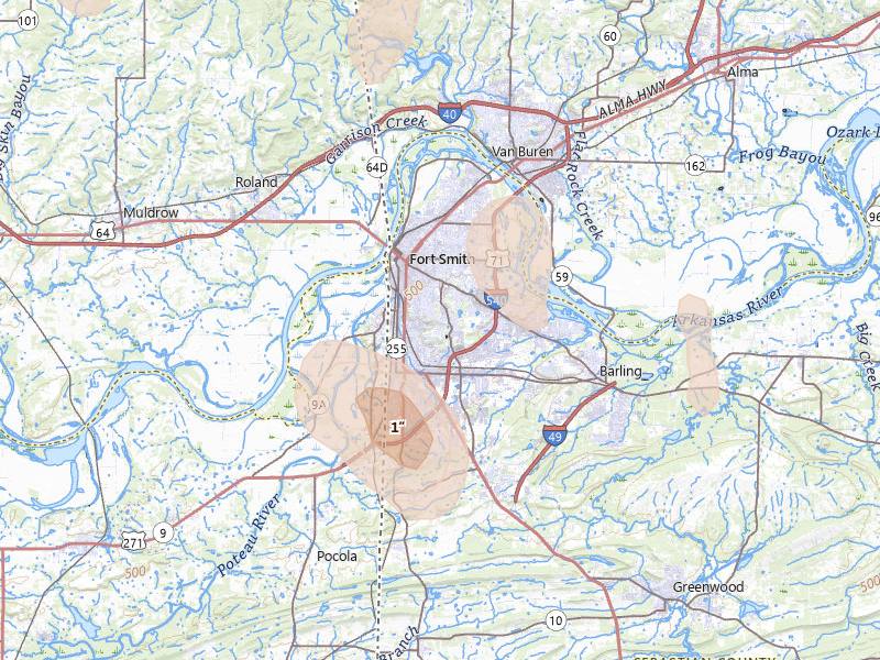 Radar-estimated hail-size map of the storm over Fort Smith, AR on Aug 20, 2026