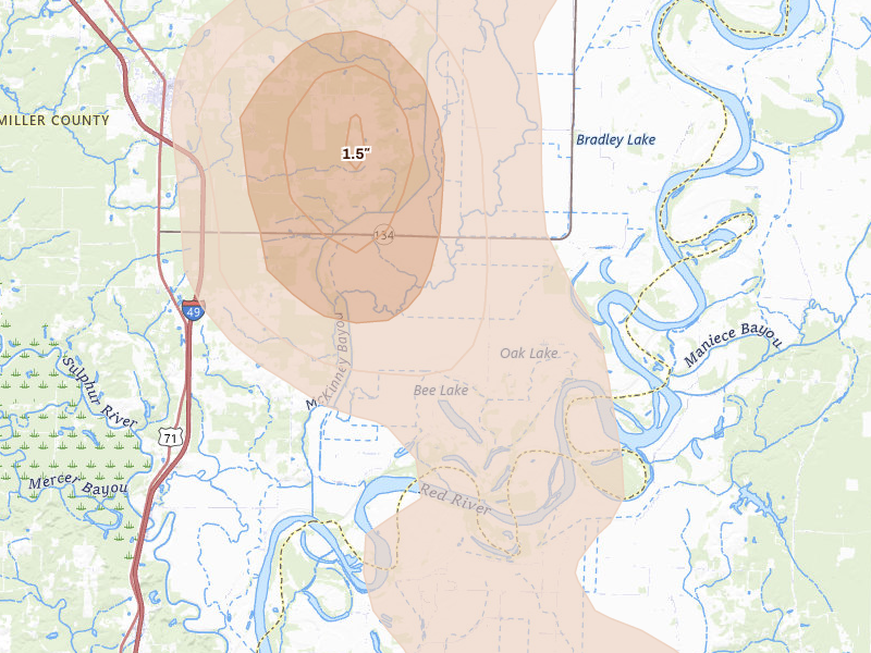 Radar-estimated hail-size map of the storm over Fouke, AR on Jun 22, 2026