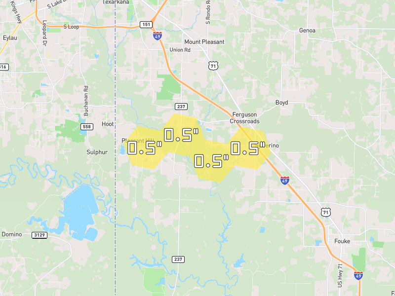 Hail map of Fouke, AR on Jul 4, 2026, hail up to 0.5"