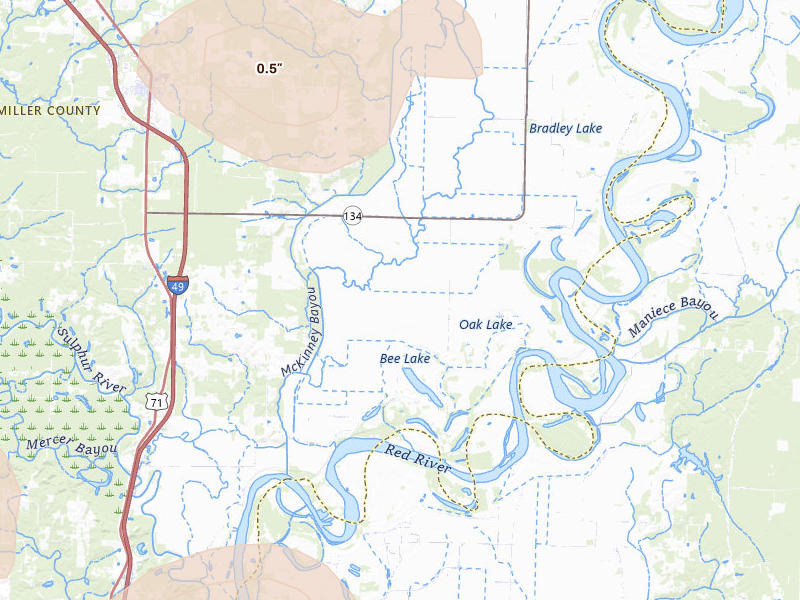 Radar-estimated hail-size map of the storm over Fouke, AR on Jul 6, 2026