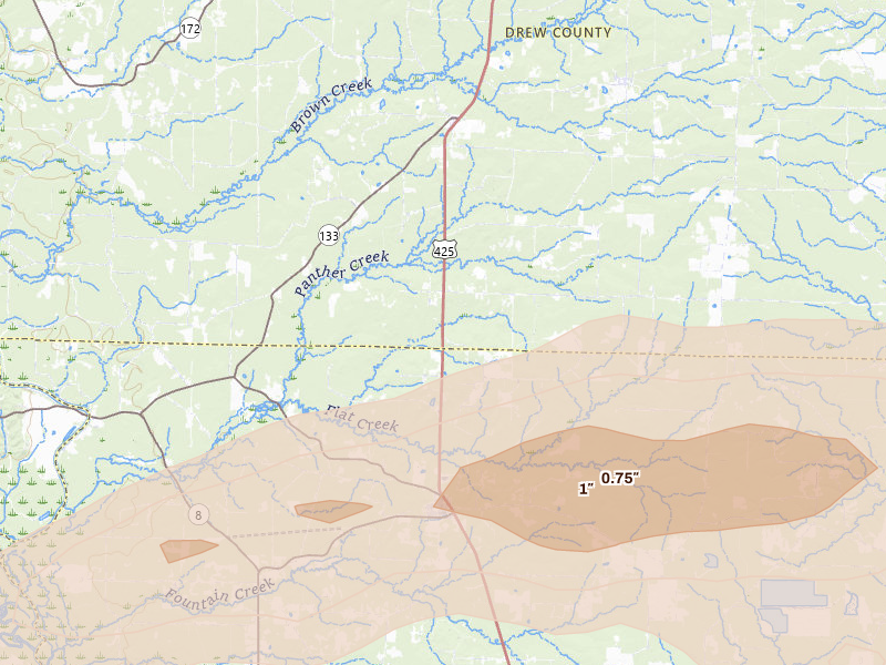 Radar-estimated hail-size map of the storm over Fountain Hill, AR on Mar 15, 2026