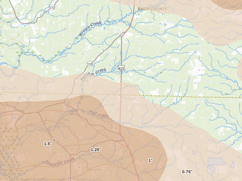 Radar-estimated hail-size map of the storm over Fountain Hill, AR on Apr 28, 2026