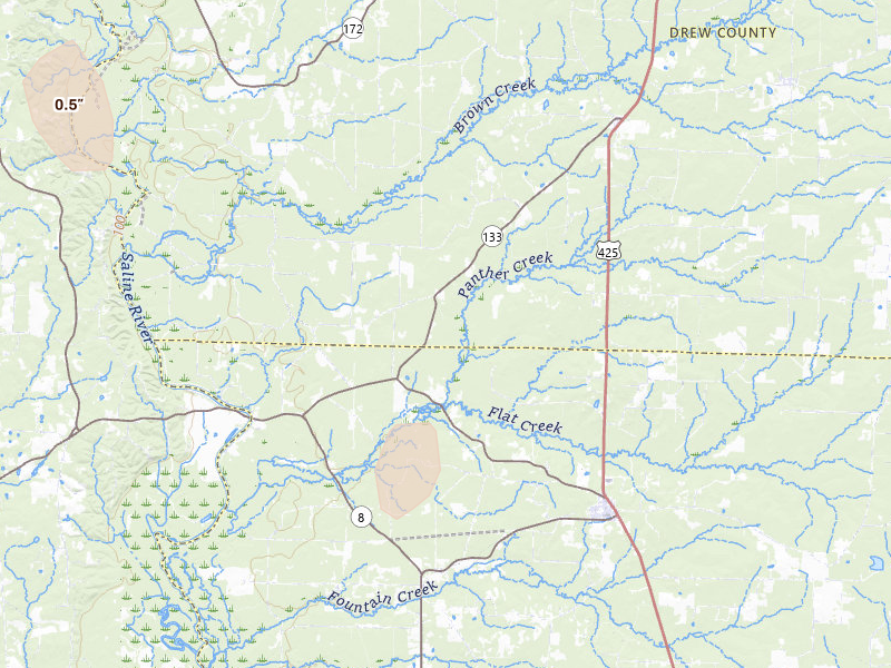 Radar-estimated hail-size map of the storm over Fountain Hill, AR on May 23, 2026