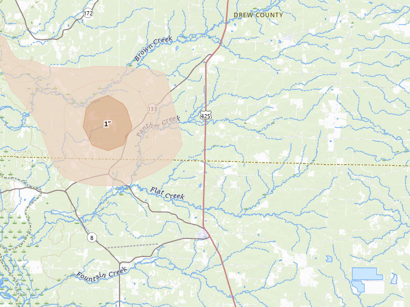 Radar-estimated hail-size map of the storm over Fountain Hill, AR on Jun 1, 2026