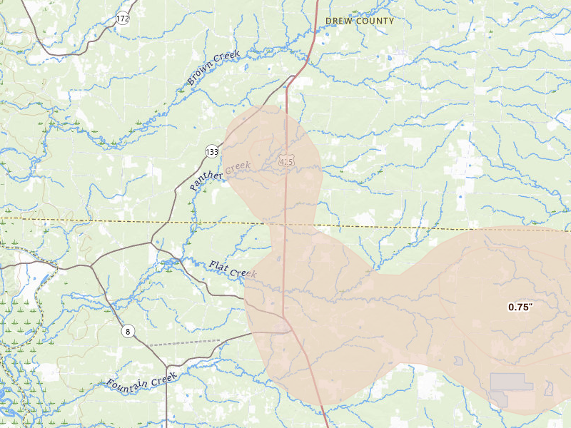 Radar-estimated hail-size map of the storm over Fountain Hill, AR on Jul 12, 2026