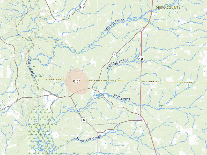 Radar-estimated hail-size map of the storm over Fountain Hill, AR on Aug 10, 2026