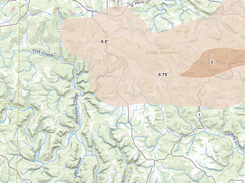 Radar-estimated hail-size map of the storm over Fox, AR on Apr 27, 2026