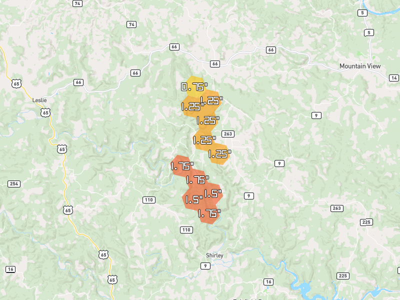 Hail map of Fox, AR on Jun 1, 2026, hail up to 1.75"