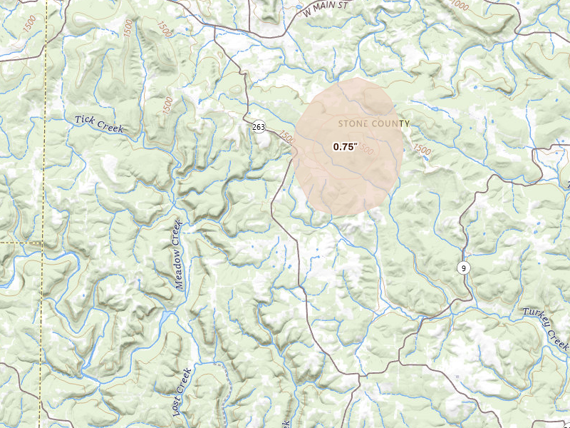 Radar-estimated hail-size map of the storm over Fox, AR on Jul 6, 2026