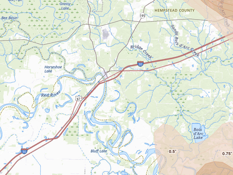 Radar-estimated hail-size map of the storm over Fulton, AR on Apr 25, 2026