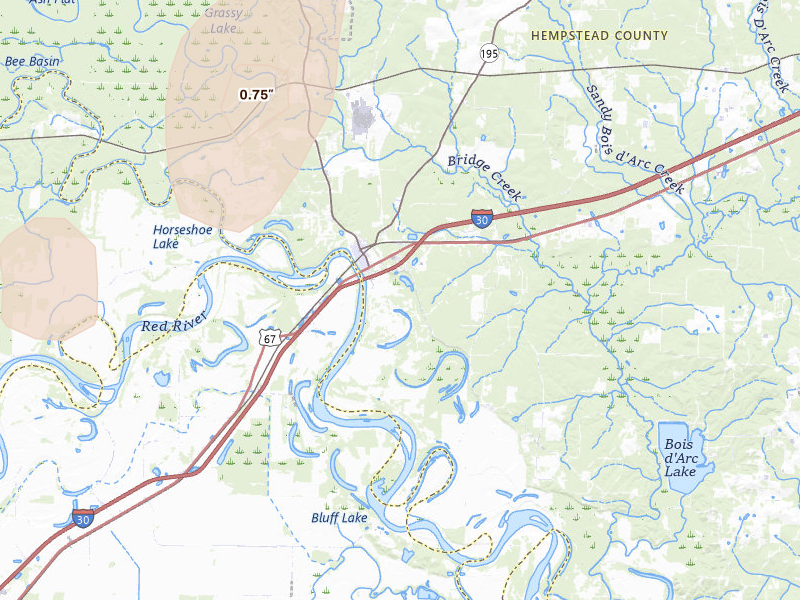 Radar-estimated hail-size map of the storm over Fulton, AR on May 23, 2026