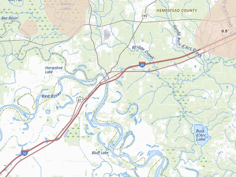 Radar-estimated hail-size map of the storm over Fulton, AR on Jul 12, 2026