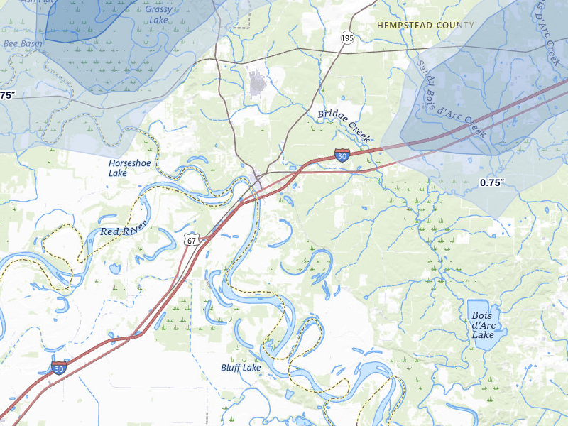 NEXRAD radar-signature map of the hail storm over Fulton, AR on Jul 12, 2026