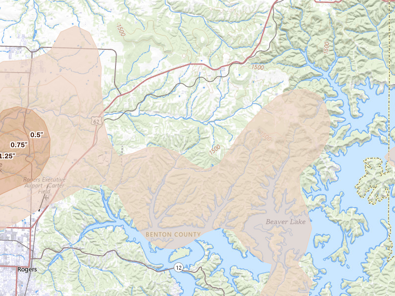 Radar-estimated hail-size map of the storm over Garfield, AR on May 30, 2026