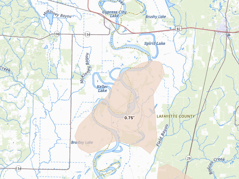 Radar-estimated hail-size map of the storm over Garland City, AR on Jun 2, 2026