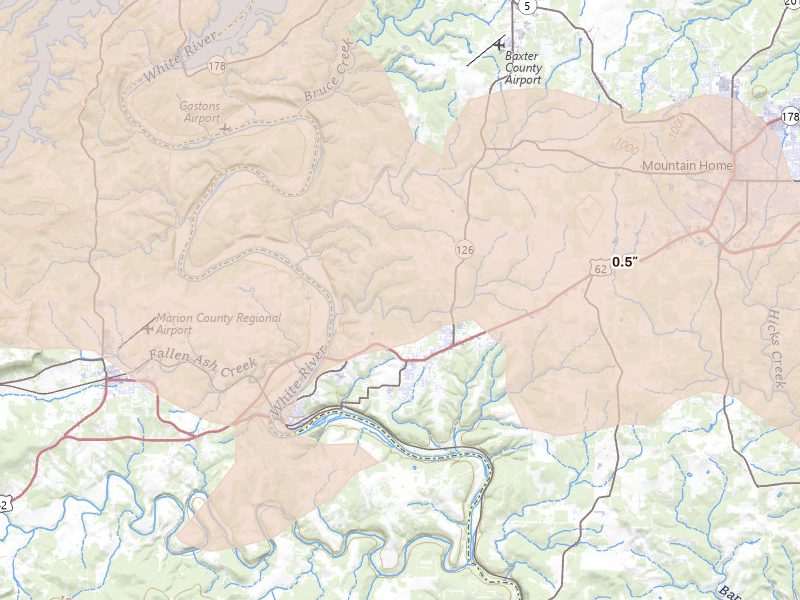 Radar-estimated hail-size map of the storm over Gassville, AR on Mar 4, 2026