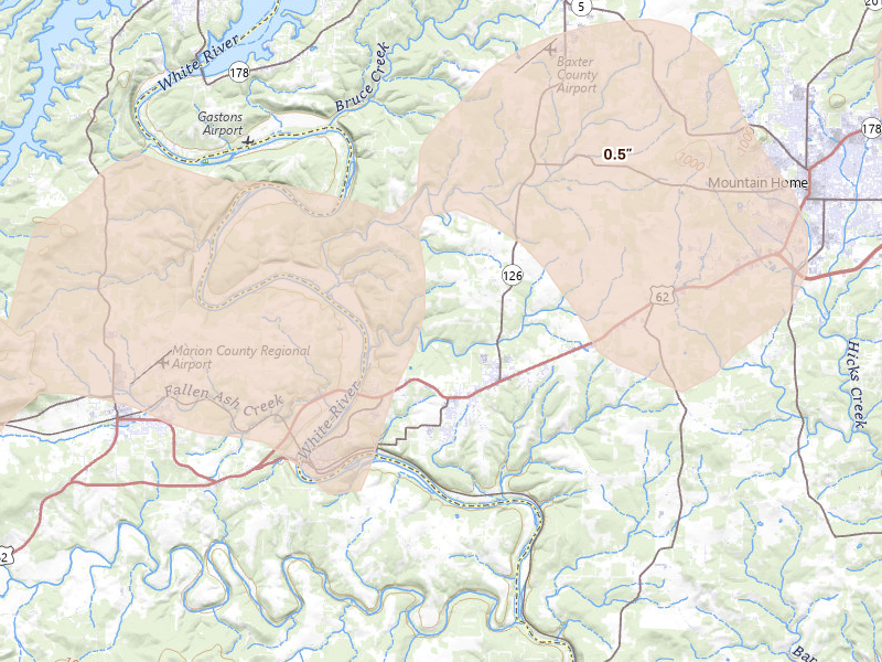 Radar-estimated hail-size map of the storm over Gassville, AR on Mar 15, 2026