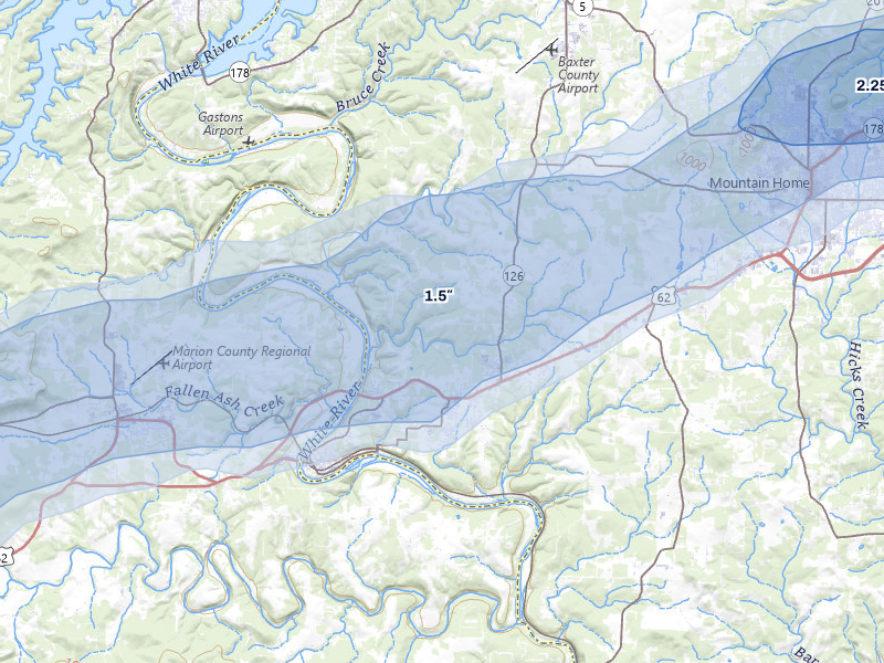 NEXRAD radar-signature map of the hail over Gassville, AR