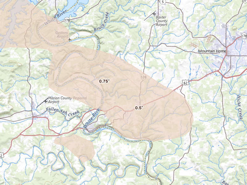 Radar-estimated hail-size map of the storm over Gassville, AR on Aug 6, 2026