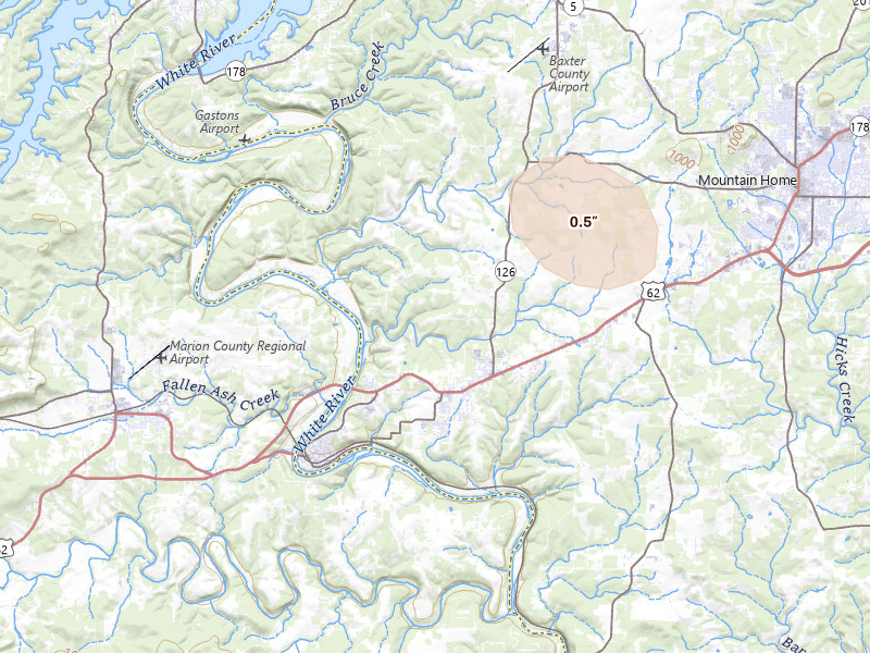 Radar-estimated hail-size map of the storm over Gassville, AR on Aug 7, 2026