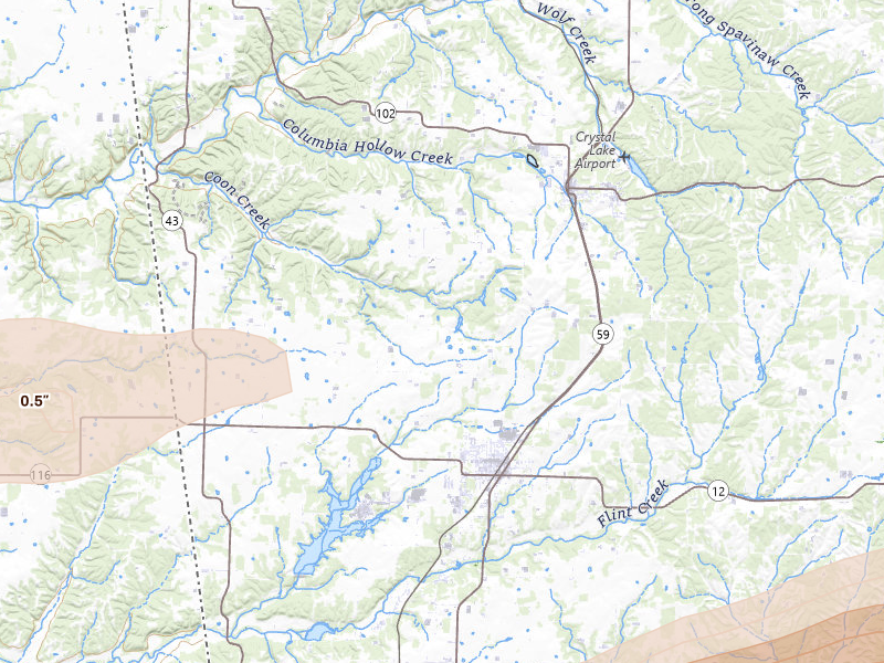 Radar-estimated hail-size map of the storm over Gentry, AR on Apr 28, 2026