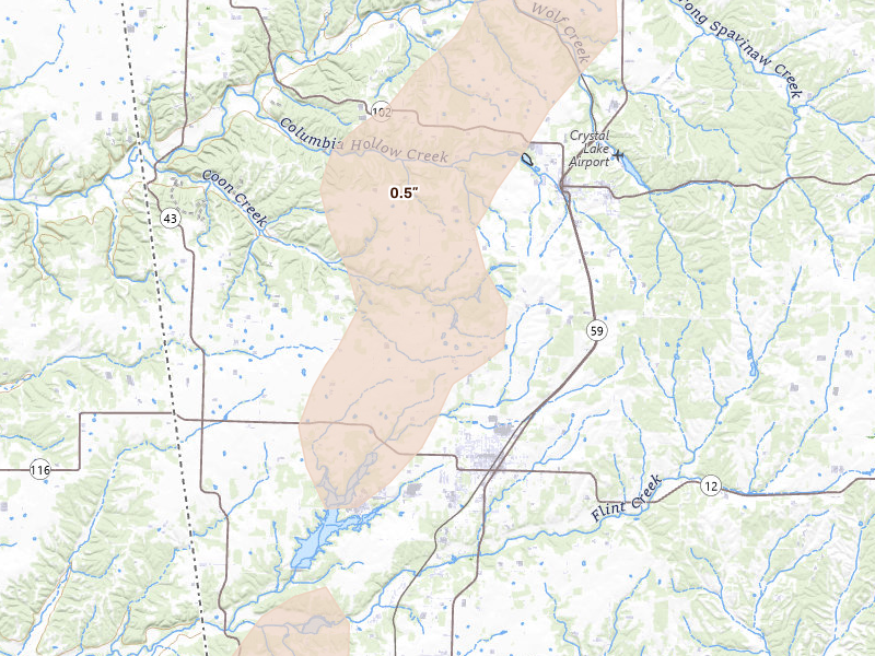 Radar-estimated hail-size map of the storm over Gentry, AR on May 19, 2026