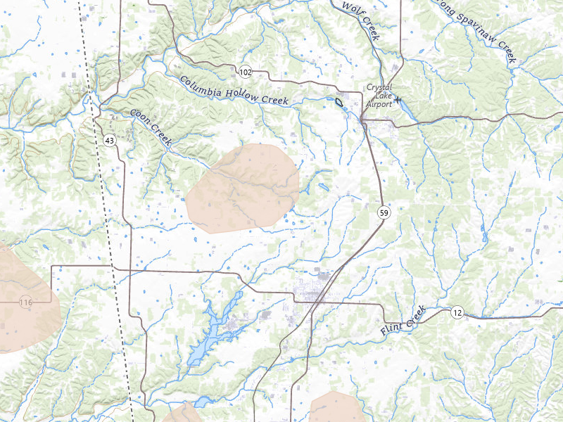 Radar-estimated hail-size map of the storm over Gentry, AR on Jun 8, 2026
