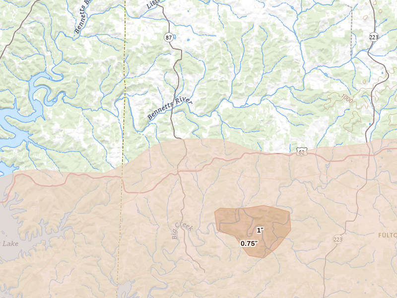 Radar-estimated hail-size map of the storm over Gepp, AR on Mar 4, 2026