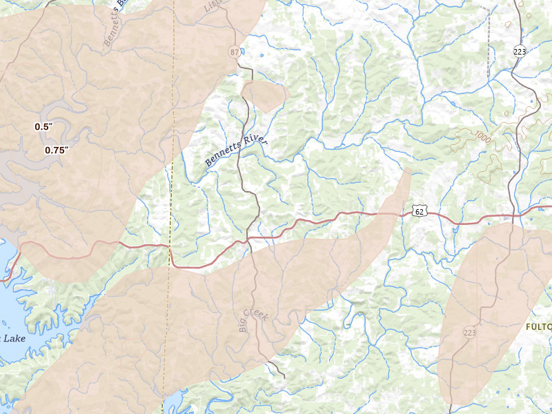 Radar-estimated hail-size map of the storm over Gepp, AR on Mar 15, 2026