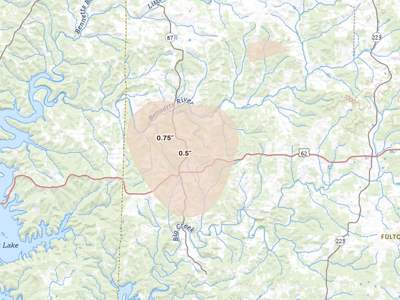 Radar-estimated hail-size map of the storm over Gepp, AR on Aug 6, 2026