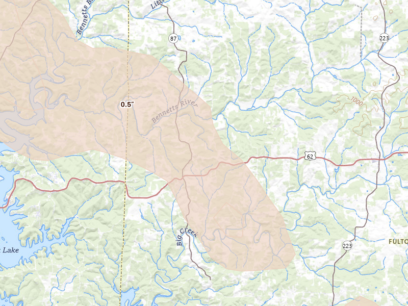 Radar-estimated hail-size map of the storm over Gepp, AR on Aug 22, 2026