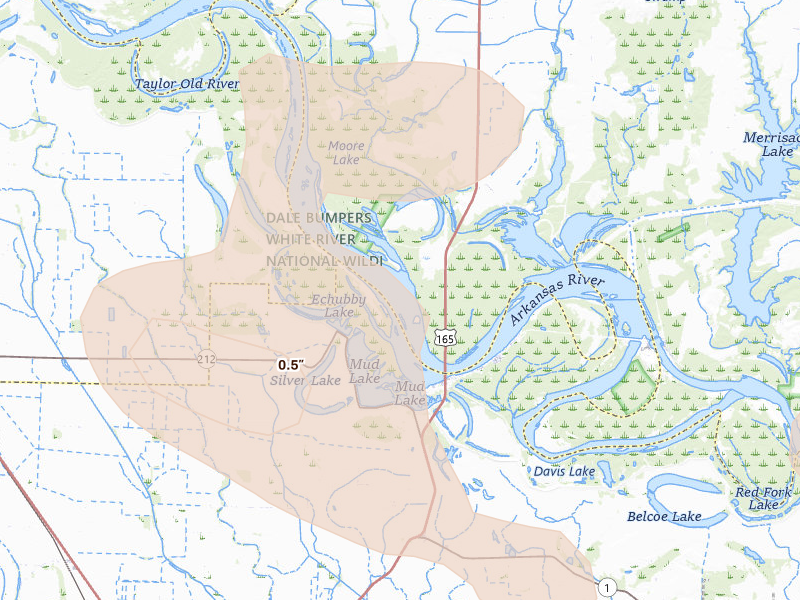 Radar-estimated hail-size map of the storm over Gillett, AR on Aug 26, 2026