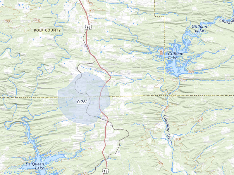 NEXRAD radar-signature map of the hail over Gillham, AR