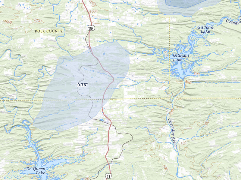 NEXRAD radar-signature map of the hail over Gillham, AR