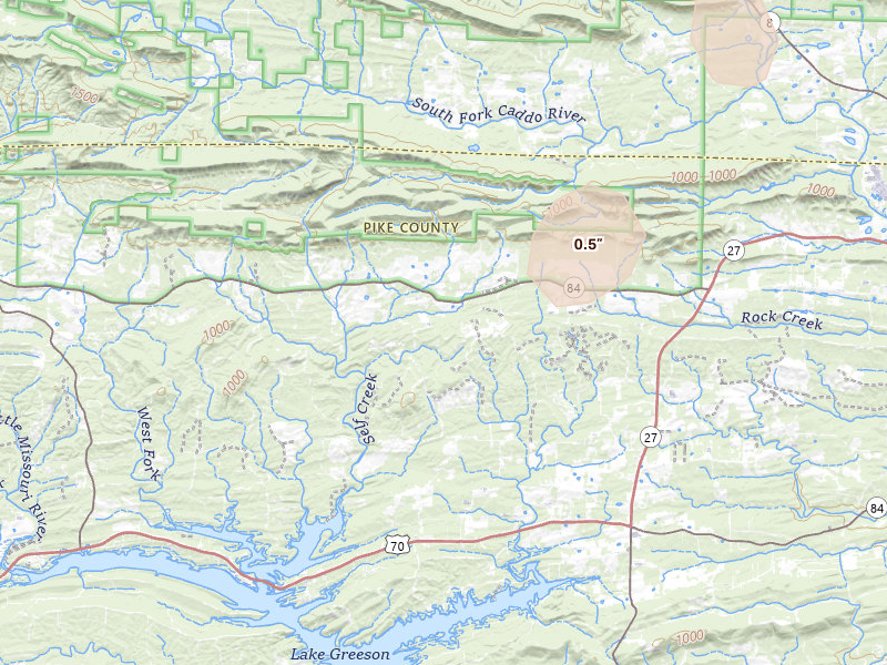 Radar-estimated hail-size map of the storm over Glenwood, AR on Jun 1, 2026