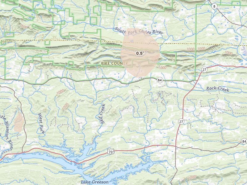 Radar-estimated hail-size map of the storm over Glenwood, AR on Jun 11, 2026