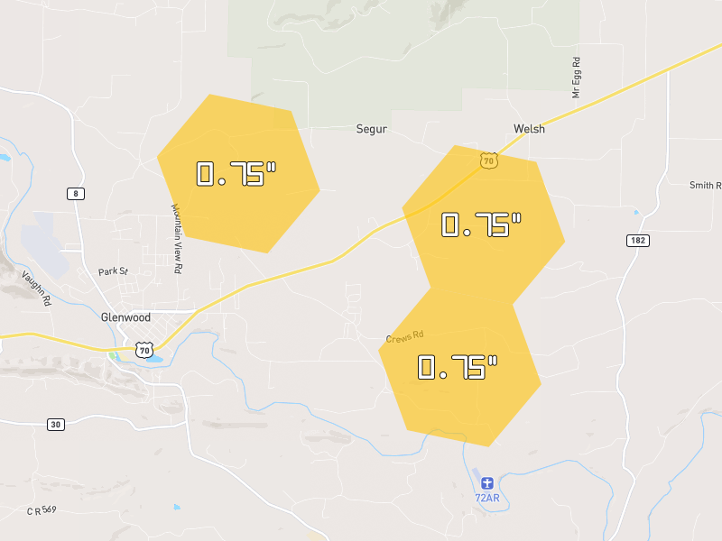Hail map of Glenwood, AR on Jul 7, 2026, hail up to 0.75"