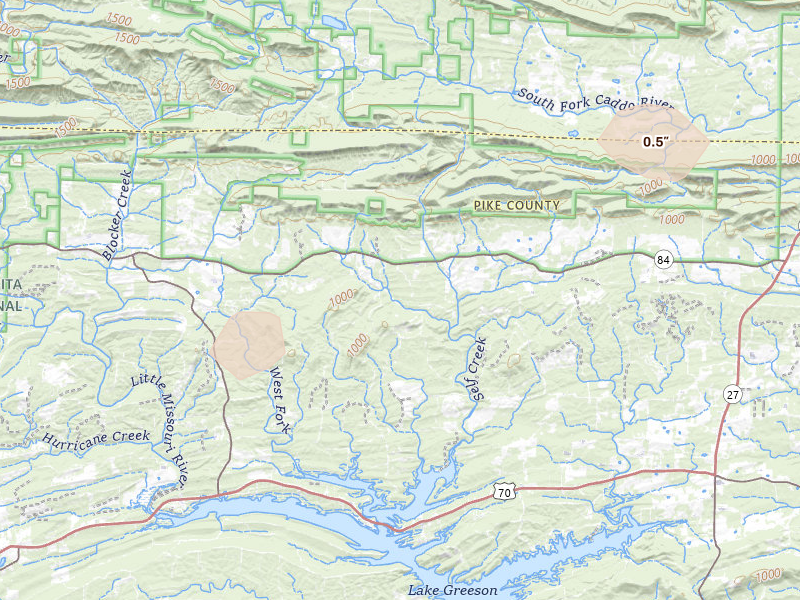 Radar-estimated hail-size map of the storm over Glenwood, AR on Aug 7, 2026