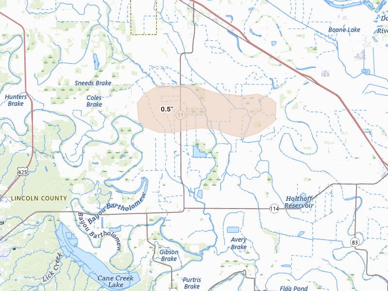 Radar-estimated hail-size map of the storm over Gould, AR on Jul 11, 2026