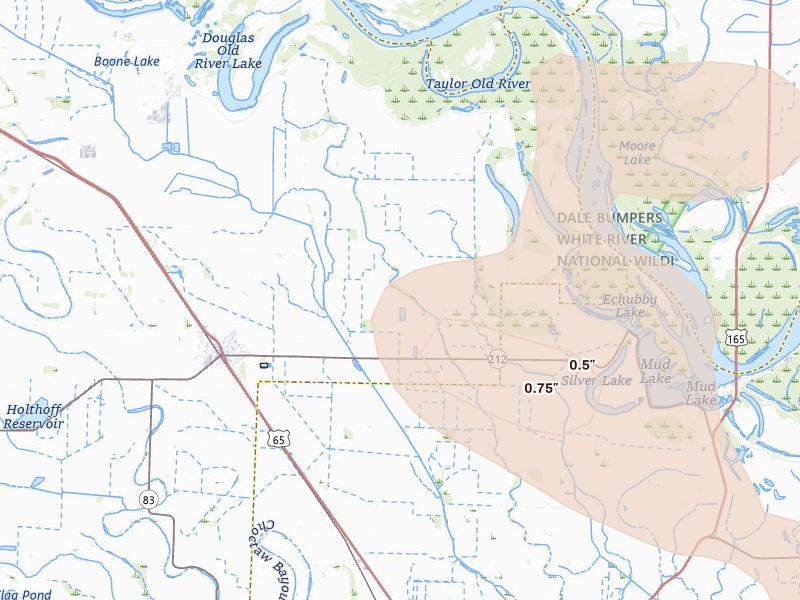 Radar-estimated hail-size map of the storm over Gould, AR on Aug 26, 2026
